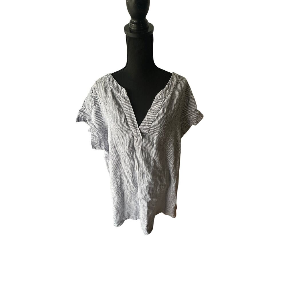 Tahari Blue & White Striped Linen Blend V-Neck Tunic Dress 3X